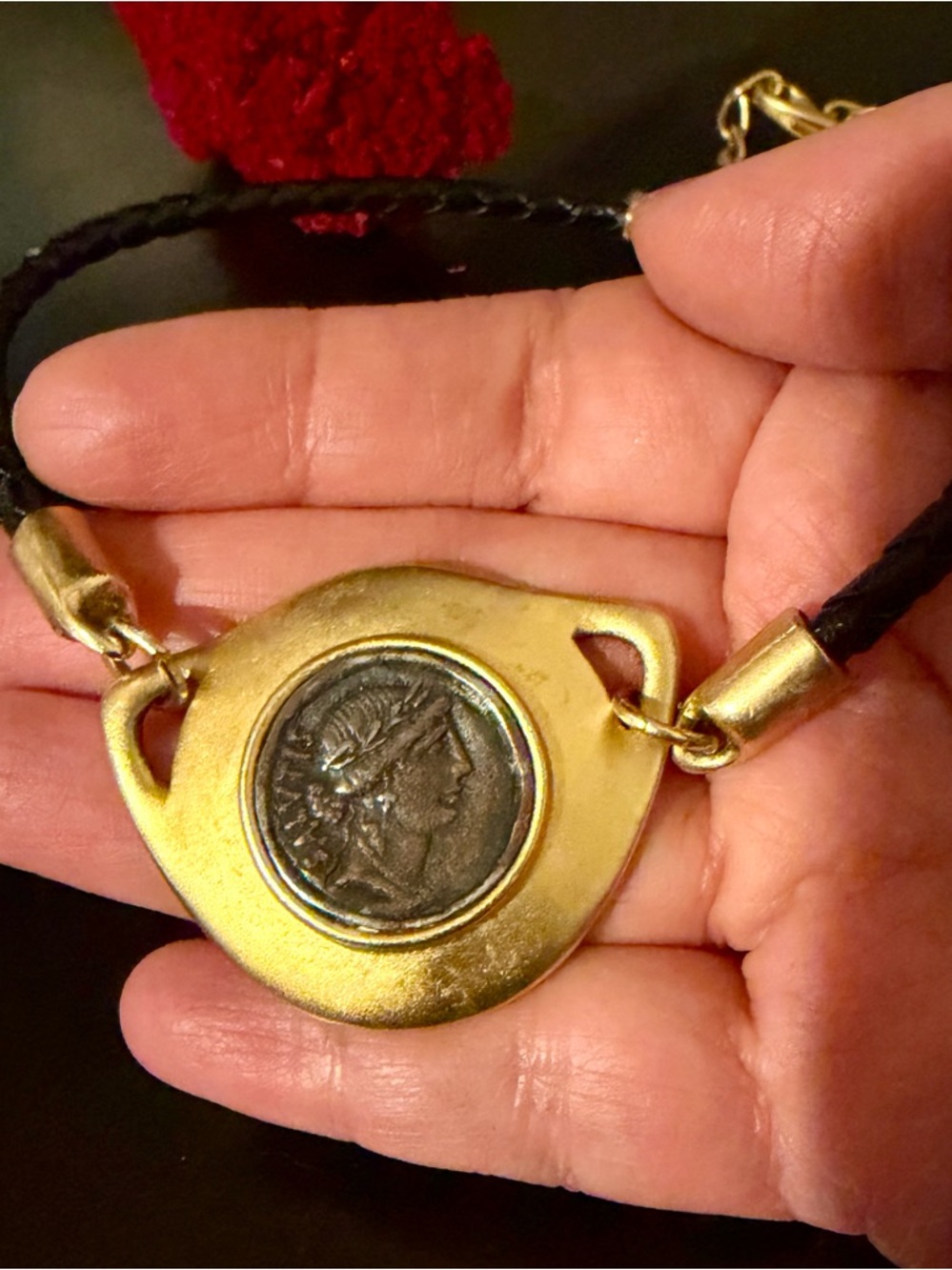 Vintage Gold-Tone  Ancient Coin Medallion Leather Cord Necklace - Black - Picture 2 of 11
